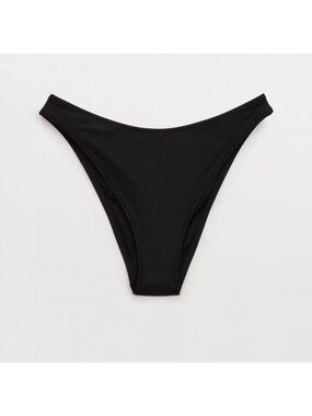 AERIE Mid Rise Cheeky Cut Bikini Bottoms Sz L True Black Swimwear Stretchy